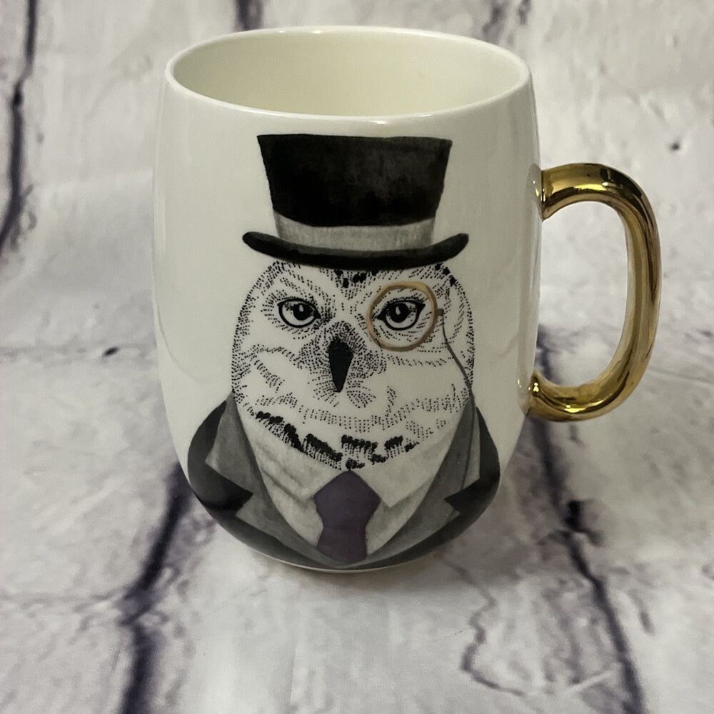 Pier 1 One Owl Mug Large 22 oz One Wise Owl Top Hat Tie Monocle Gold Handle